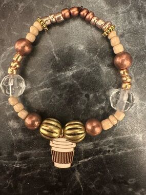 Coffee Charm Beaded Stretch Bracelet in Metallic Bronze & Cream